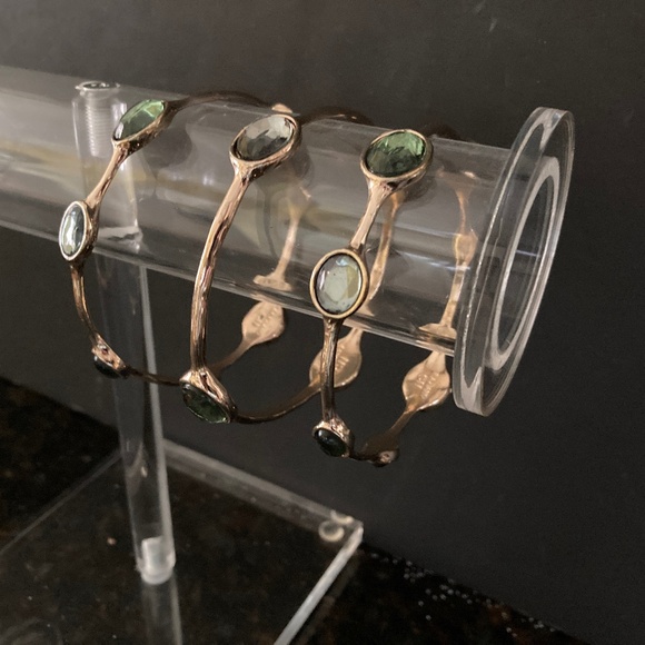 Graziano CN Set of 3 Gold Tone Bangle Bracelets/Oval Stones/Green Gray & Brown - Picture 2 of 3